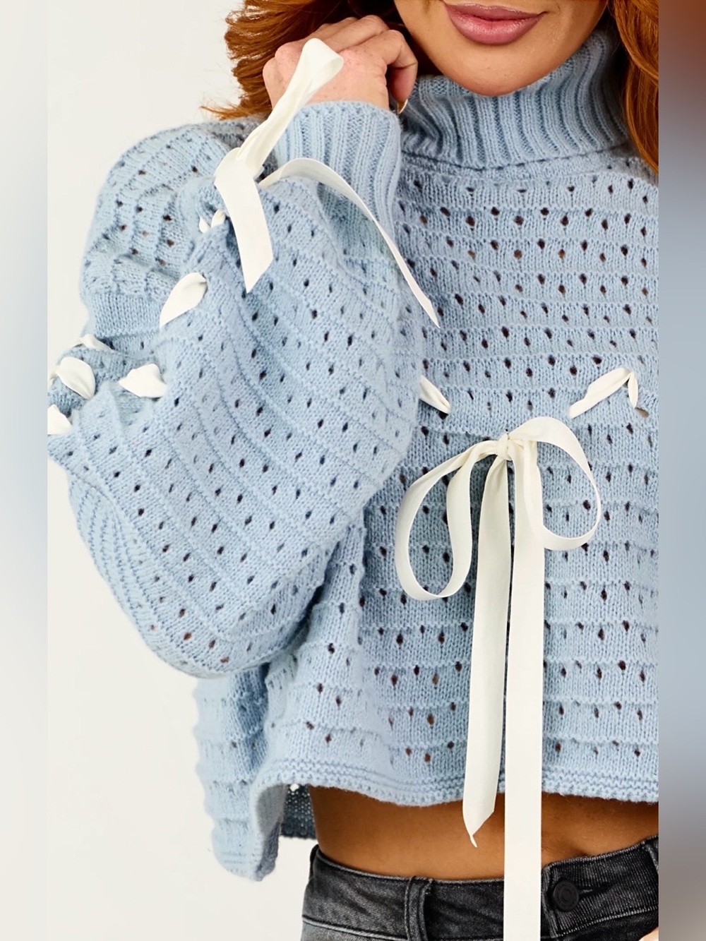 Everleigh Brooks Blue Pointelle Knit Ribbon Detail Cropped Turtleneck Sweater